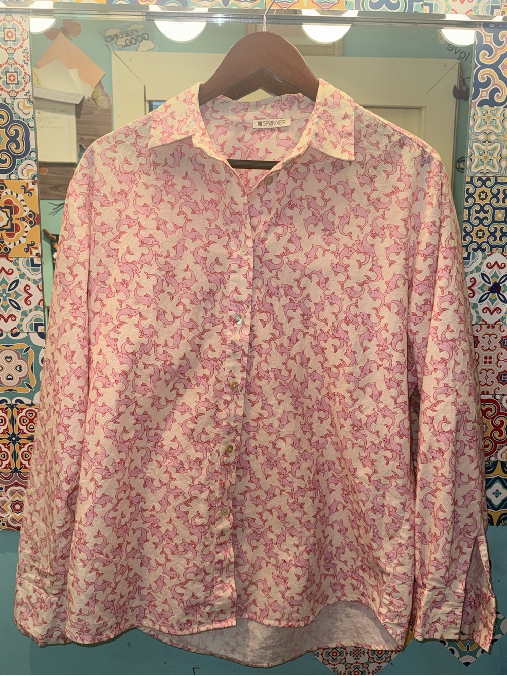 SPANNER Pink Fish Print Button-Up Top